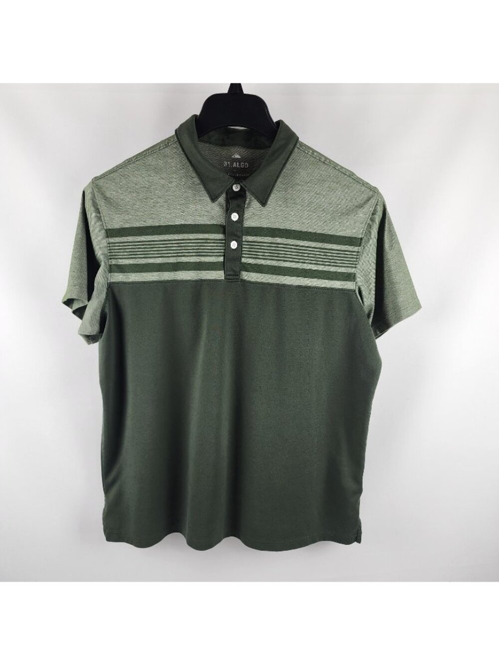 01.Algo Shirt Mens Large Multi Green Stripes Performance  S/S Polo